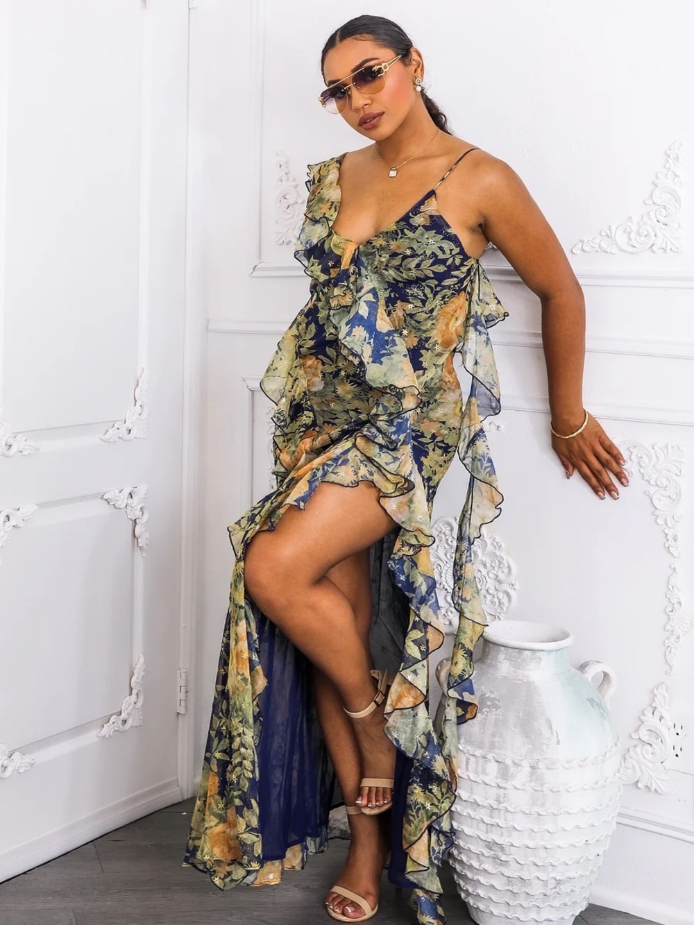 Women’s Navy Floral Ruffle Maxi Dress